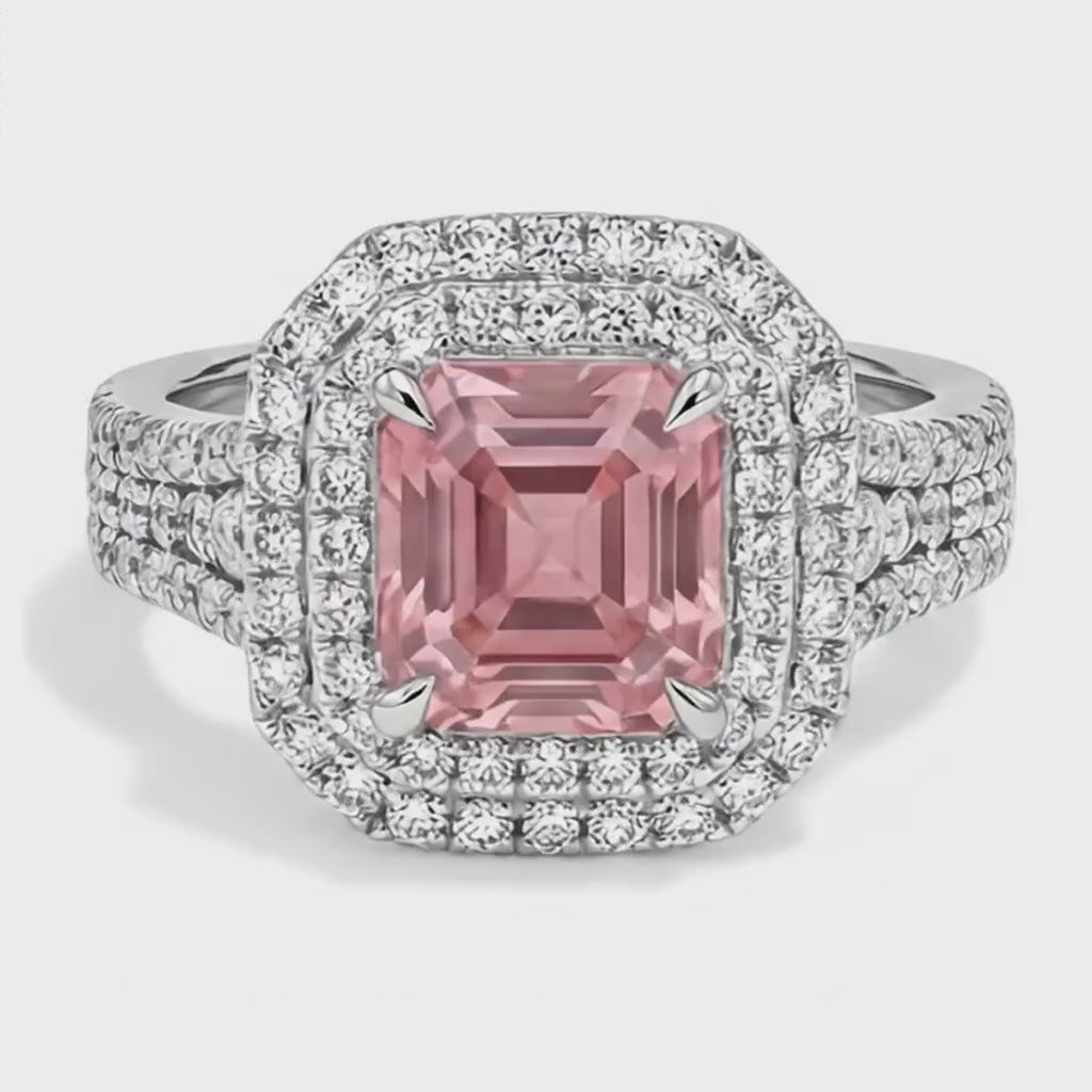 Asscher Lab Grown Padparadscha and Lab Grown Diamond Double Halo Ring 14K White Gold