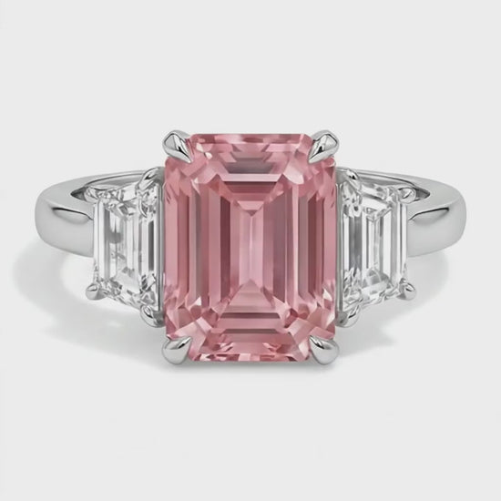Emerald Lab Grown Padparadscha and Lab Grown Diamond Three Stone Ring 14K White Gold