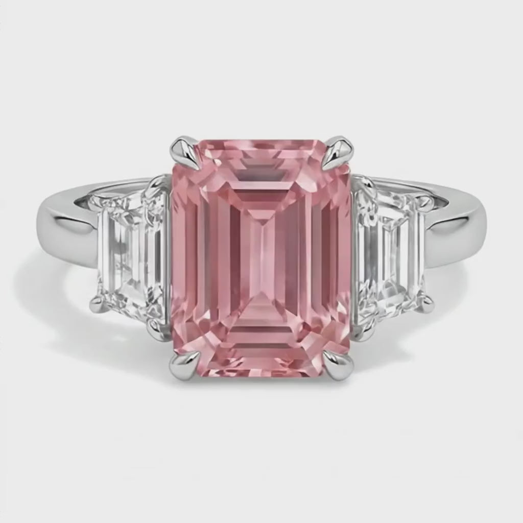 Emerald Lab Grown Padparadscha and Lab Grown Diamond Three Stone Ring 14K White Gold