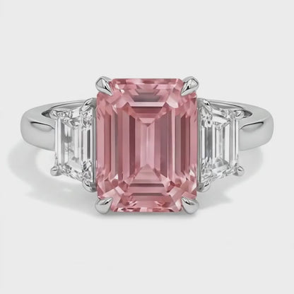 Emerald Lab Grown Padparadscha and Lab Grown Diamond Three Stone Ring 14K White Gold