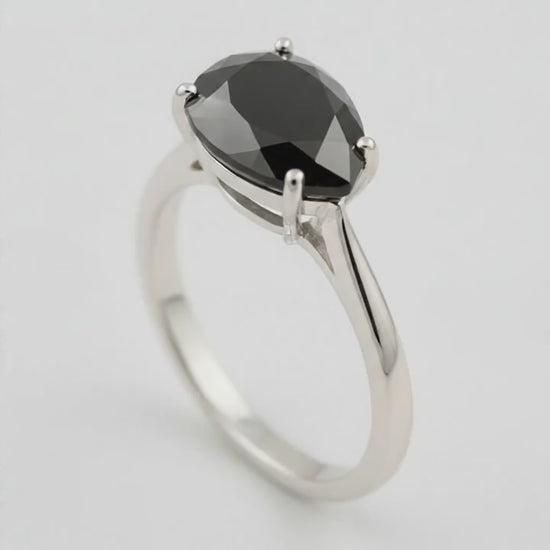 5 Carat Pear Black Diamond Solitaire Ring Natural 14K White Gold