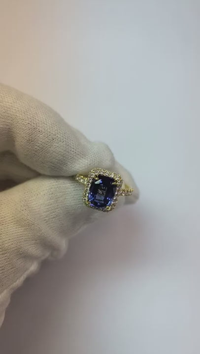 3 Ct Cushion Sri Lanka Blue Sapphire And Halo Natural Earth Mined Diamond Ring