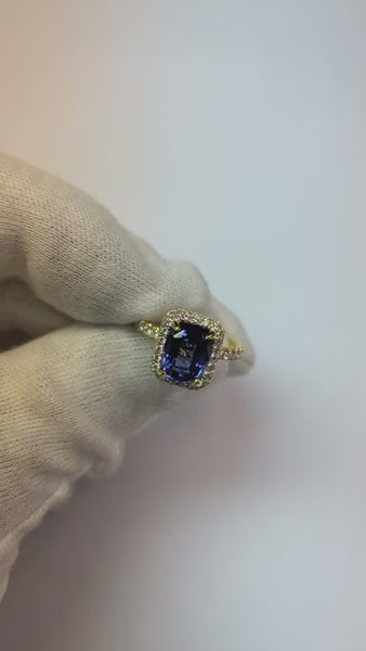 3 Ct Cushion Sri Lanka Blue Sapphire And Halo Diamond Ring