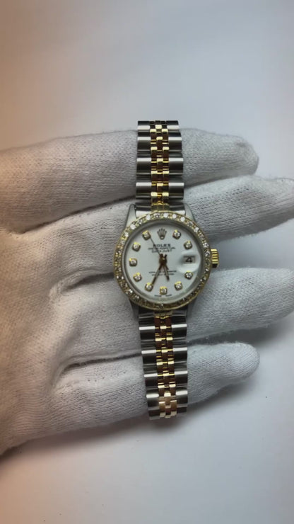 Rolex Silver Diamond Dial Datejust Women Watch Two Tone Bracelet