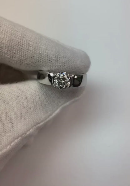 White Gold Men's Solitaire Ring Round Half Bezel 1.75 Carats Genuine Diamond