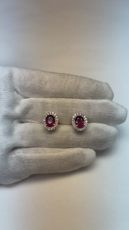 Prong Set Ruby And Natural Earth Mined Diamonds 8.50 Ct Studs Earrings 14K White Gold