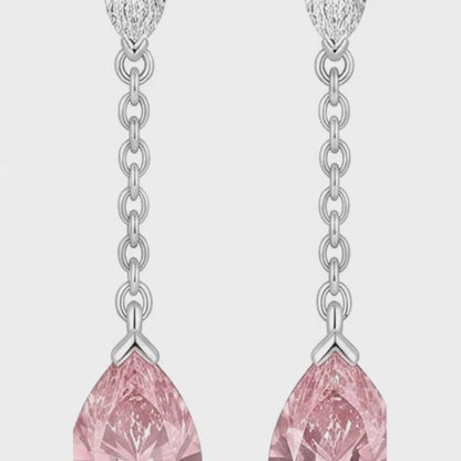 Pink Diamond Drop Earrings 2.5 Carat Lab Grown Pear Long Dangle 14K White Gold