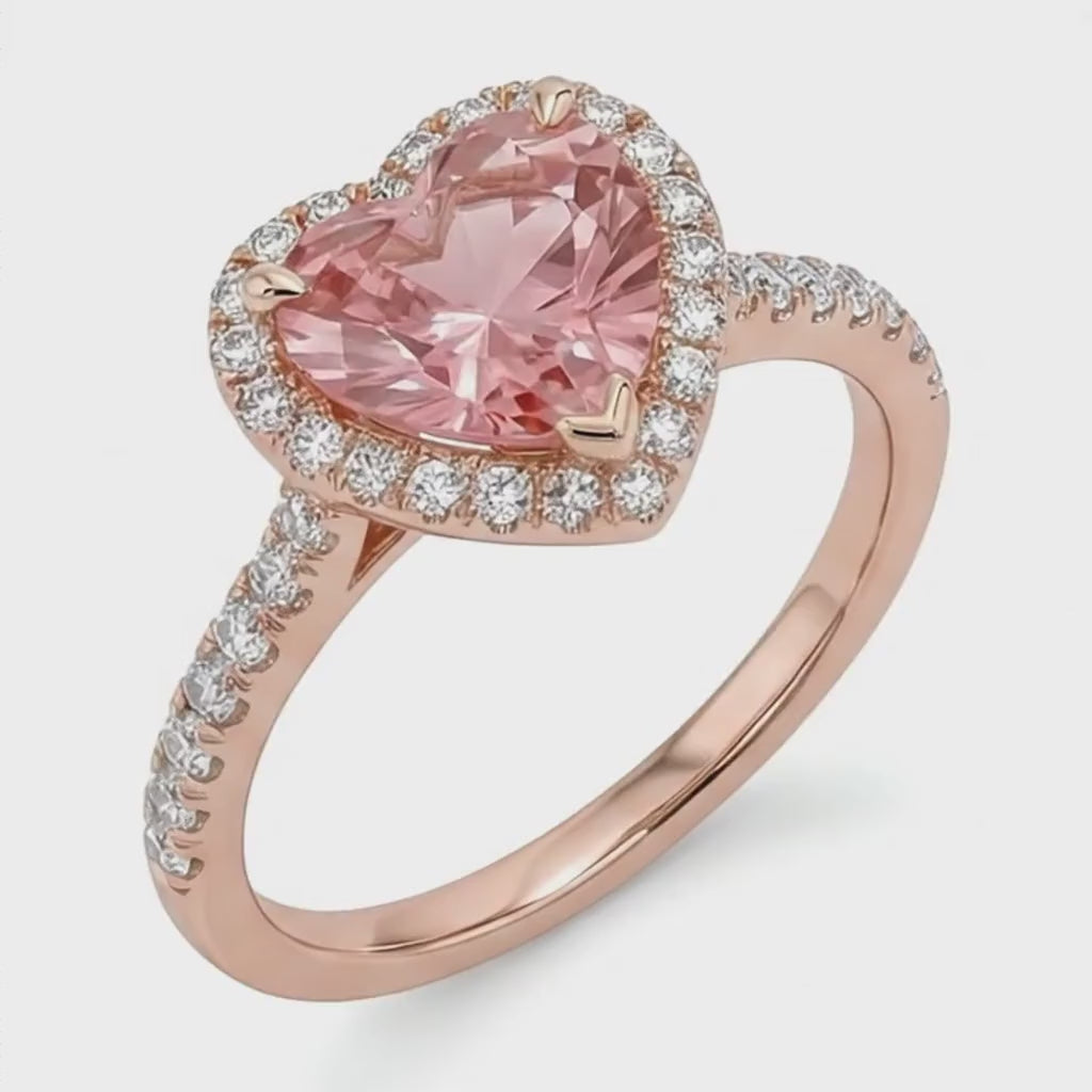 Heart Lab Grown Padparadscha and Lab Grown Diamond Halo Ring 14K Rose Gold