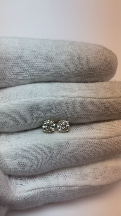 Round Natural Earth Mined Diamond Stud Earring Pair 1.80 Carats Yellow Gold 14K Studs