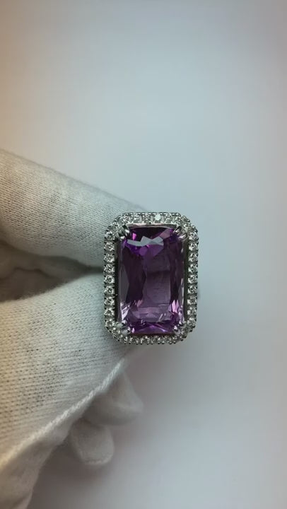34.50 Ct Cushion Kunzite With Round Natural Earth Mined Diamonds Ring White Gold 14K