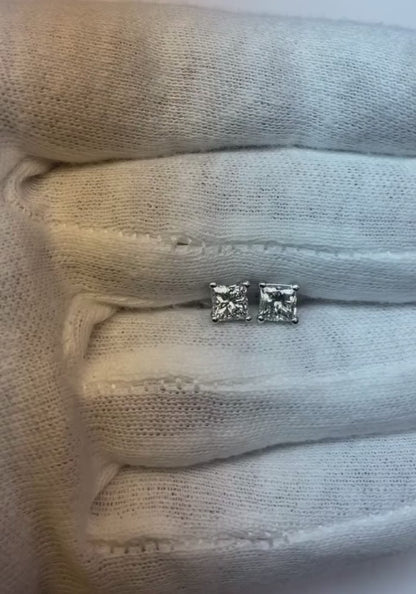 White Gold 4 Prong Set Princess Solitaire Real Natural Earth Mined Diamond Stud Earrings 14K
