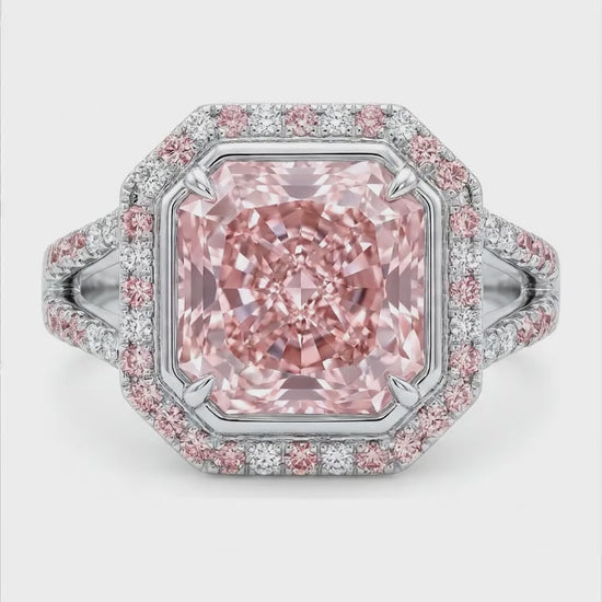 5.5 Carat Radiant Pink Lab Grown Diamond and White Diamond Halo Ring 14K White Gold