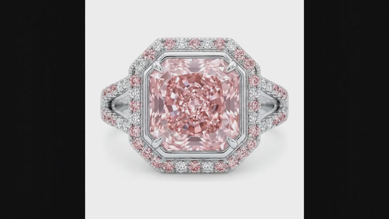 5.5 Carat Radiant Pink Lab Grown Diamond and White Diamond Halo Ring 14K White Gold