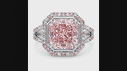 5.5 Carat Radiant Pink Lab Grown Diamond and White Diamond Halo Ring 14K White Gold