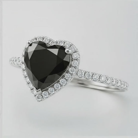 3 Carat Heart Black Diamond and White Diamond Halo Ring Natural 14K White Gold