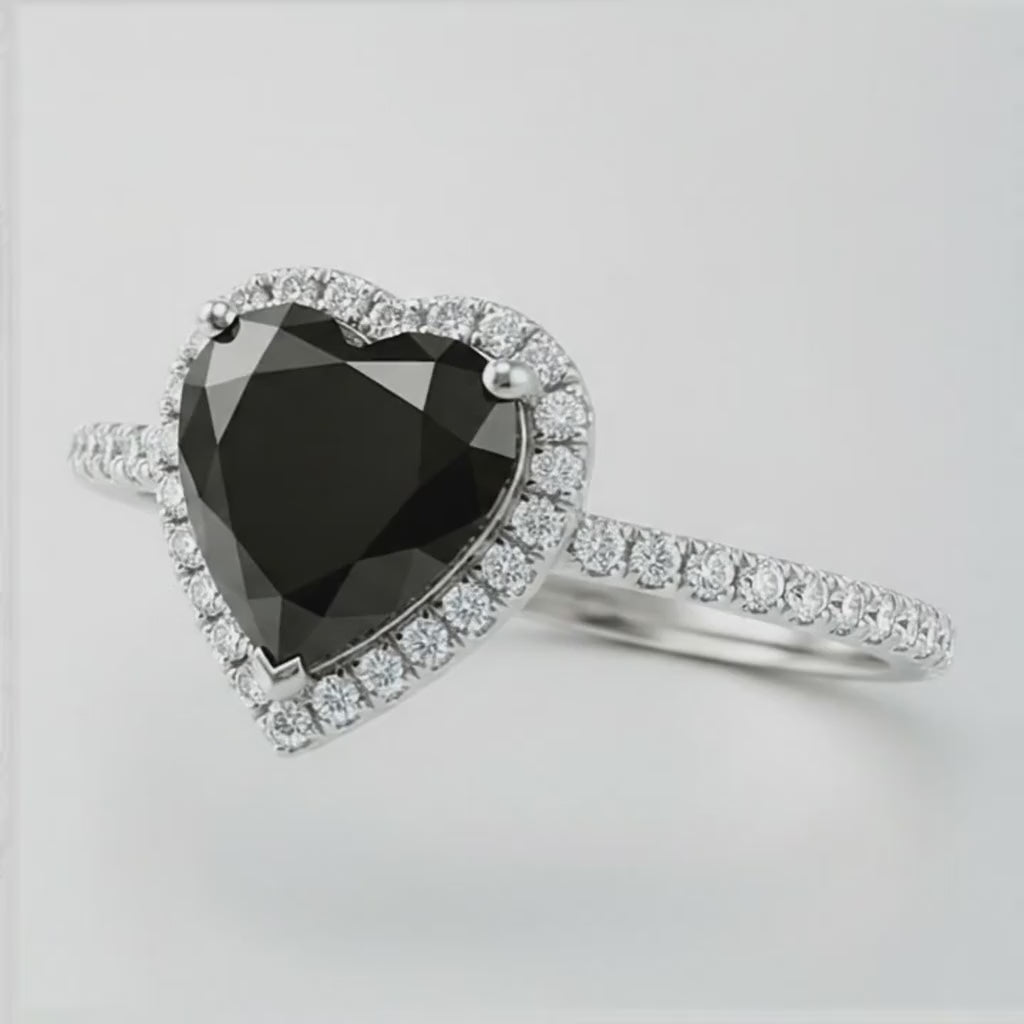 3 Carat Heart Black Diamond and White Diamond Halo Ring Natural 14K White Gold