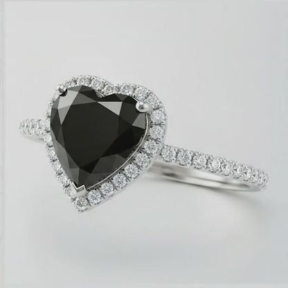 3 Carat Heart Black Diamond and White Diamond Halo Ring Natural 14K White Gold