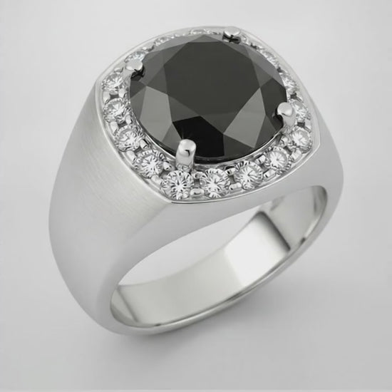 Round Black Diamond Mens Halo Ring Natural 14K White Gold