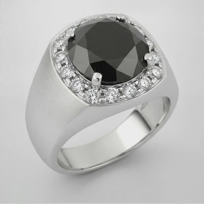 Round Black Diamond Mens Halo Ring Natural 14K White Gold