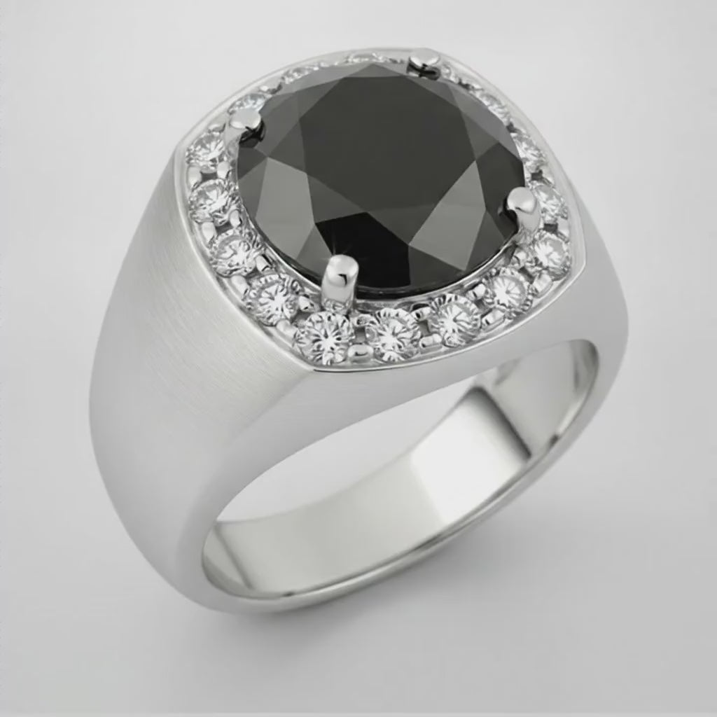 Round Black Diamond Mens Halo Ring Natural 14K White Gold
