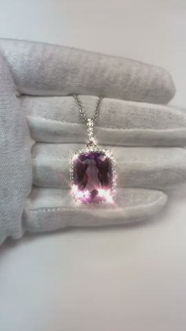 27 Ct. Pink Kunzite With Natural Earth Mined Diamonds Pendant White Gold