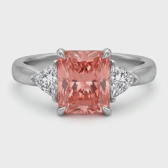 Radiant Padparadscha and White Diamond Three Stone Ring Natural 14K White Gold