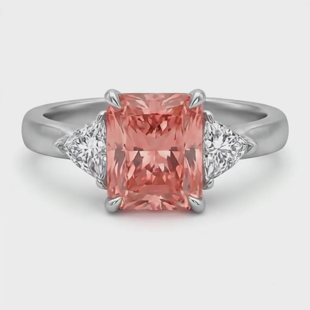 Radiant Padparadscha and White Diamond Three Stone Ring Natural 14K White Gold