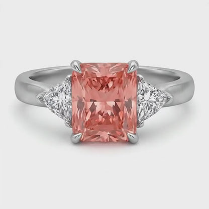 Radiant Padparadscha and White Diamond Three Stone Ring Natural 14K White Gold