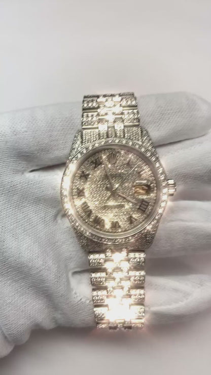 Rolex Iced Out Diamond 12 Carat 36mm Roman Dial Stainless Steel Watch