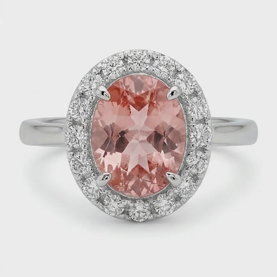 Oval Lab Grown Padparadscha and Lab Grown Diamond Halo Ring 14K White Gold