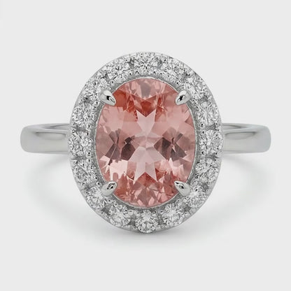 Oval Lab Grown Padparadscha and Lab Grown Diamond Halo Ring 14K White Gold