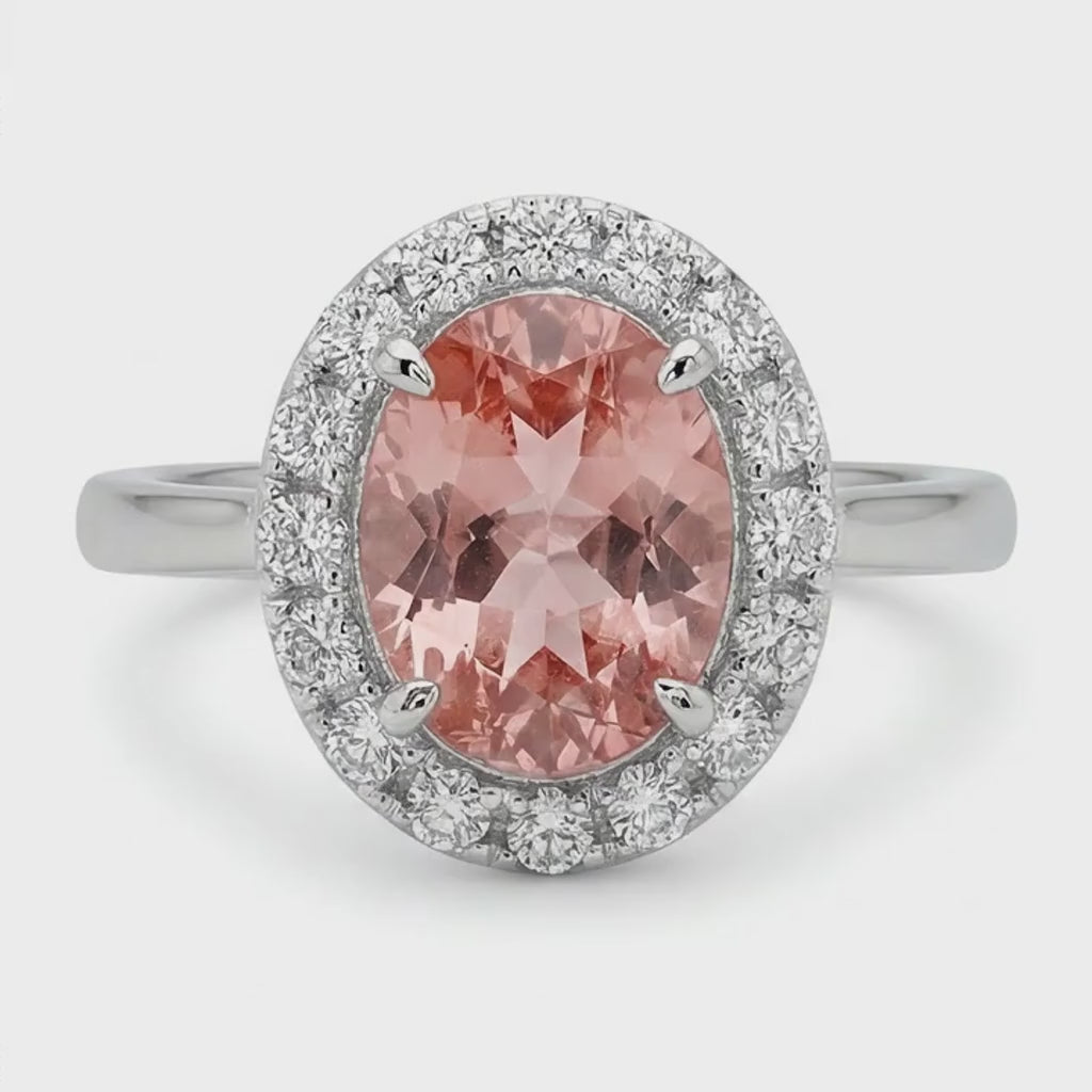 Oval Lab Grown Padparadscha and Lab Grown Diamond Halo Ring 14K White Gold
