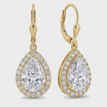 White Diamond Drop Earrings 3.5 Carat Lab Grown Pear Halo Leverback 14K Yellow Gold