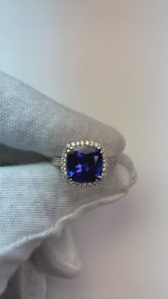 5.70 Ct Big Cushion Tanzanite & Round Diamond Ring White Gold 14K