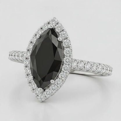 Marquise Black Diamond and White Diamond Halo Ring Natural 14K White Gold