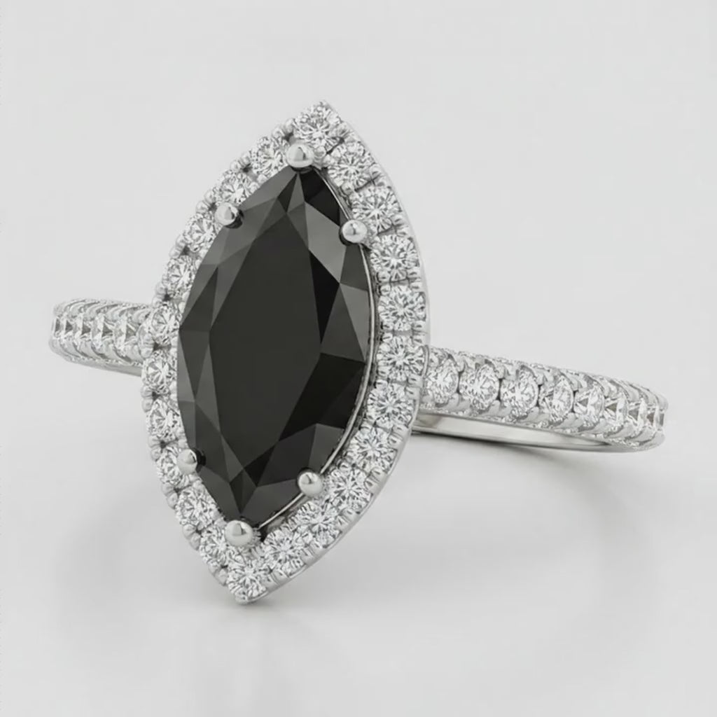 Marquise Black Diamond and White Diamond Halo Ring Natural 14K White Gold