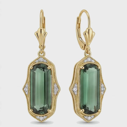 Green Tourmaline Earrings 5 Carat Lab Grown Elongated Emerald Cut Milgrain 14K Yellow Gold