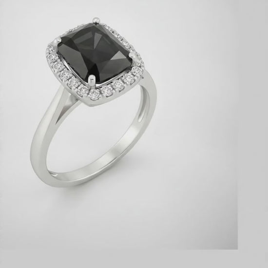 9 Carat Radiant Black Diamond and White Diamond Halo Ring Natural 14K White Gold