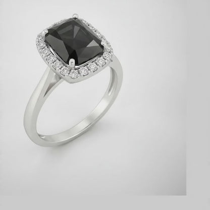 9 Carat Radiant Black Diamond and White Diamond Halo Ring Natural 14K White Gold