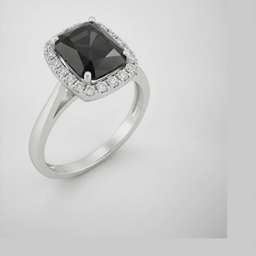 9 Carat Radiant Black Diamond and White Diamond Halo Ring Natural 14K White Gold