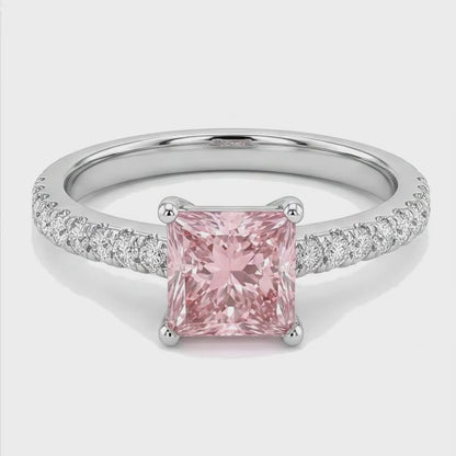 Pink Diamond Ring 3.5 Carat Lab Grown Princess Pave Solitaire 14K White Gold