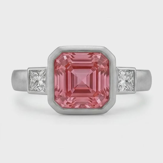 Asscher Padparadscha Bezel Three Stone Ring Natural 14K White Gold