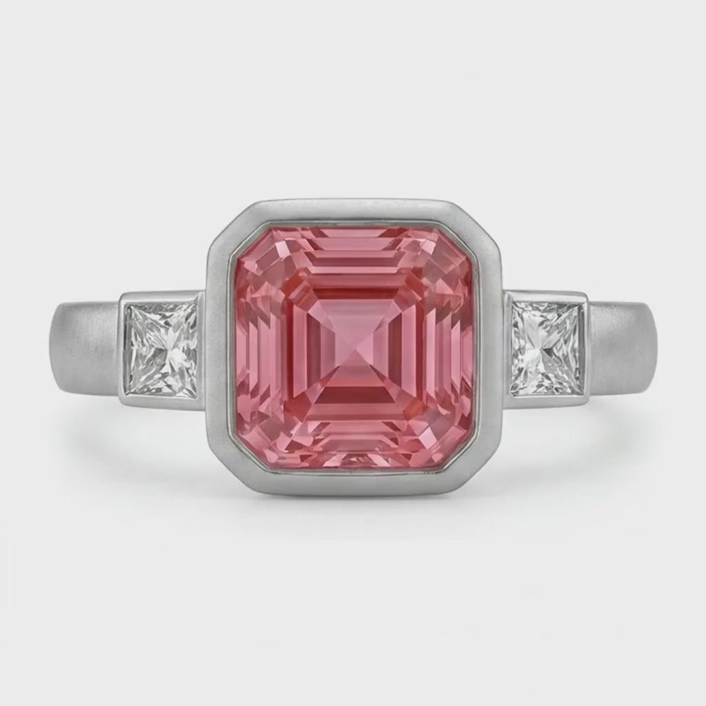 Asscher Padparadscha Bezel Three Stone Ring Natural 14K White Gold