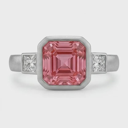 Asscher Padparadscha Bezel Three Stone Ring Natural 14K White Gold