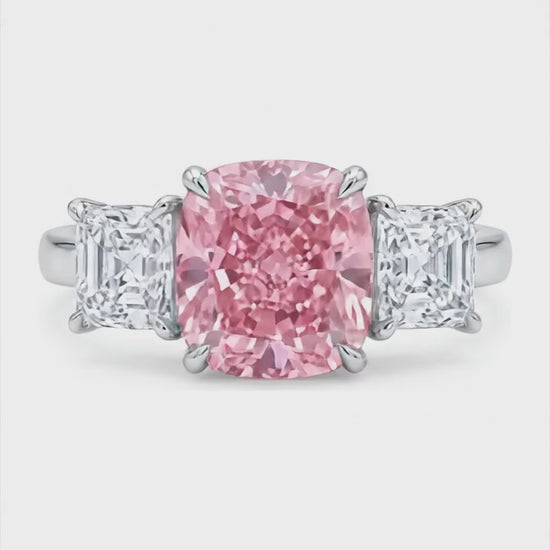 5.5 Carat Cushion Pink Lab Grown Diamond and White Diamond Three Stone Ring 14K White Gold