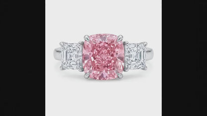 5.5 Carat Cushion Pink Lab Grown Diamond and White Diamond Three Stone Ring 14K White Gold
