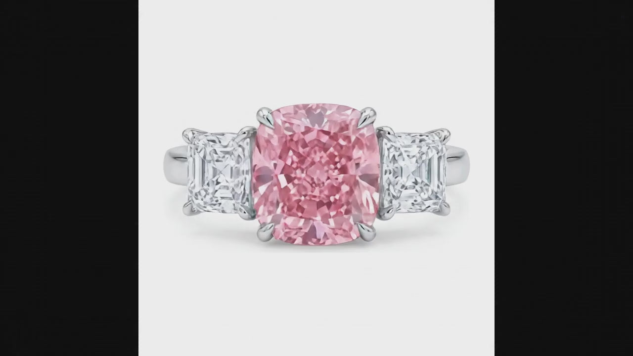 5.5 Carat Cushion Pink Lab Grown Diamond and White Diamond Three Stone Ring 14K White Gold
