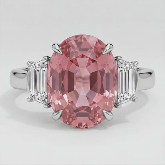 Oval Padparadscha and White Trapezoid Three Stone Ring Natural Platinum