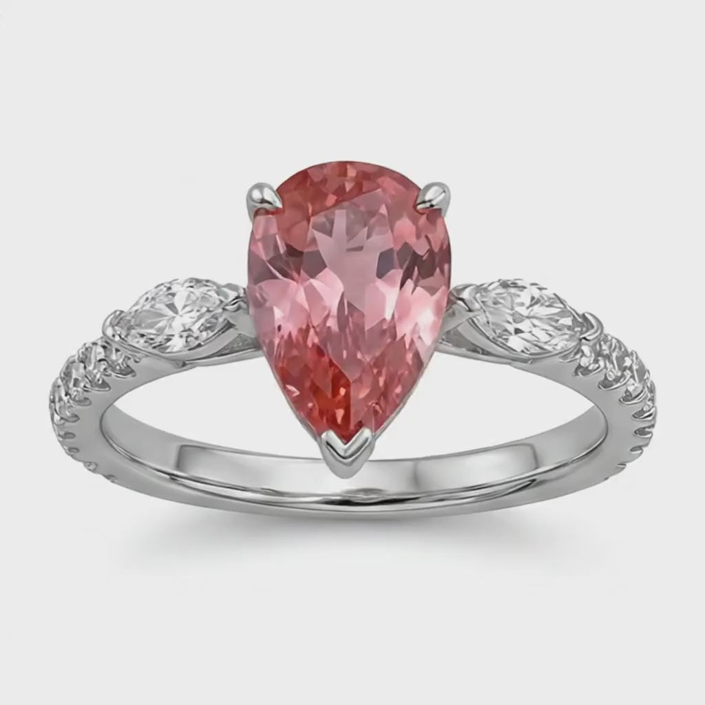 Pear Padparadscha and White Diamond Three Stone Ring Natural 14K White Gold