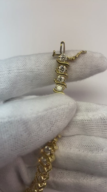 Round Natural Earth Mined Diamond S Link 14K Yellow Gold Tennis Bracelet